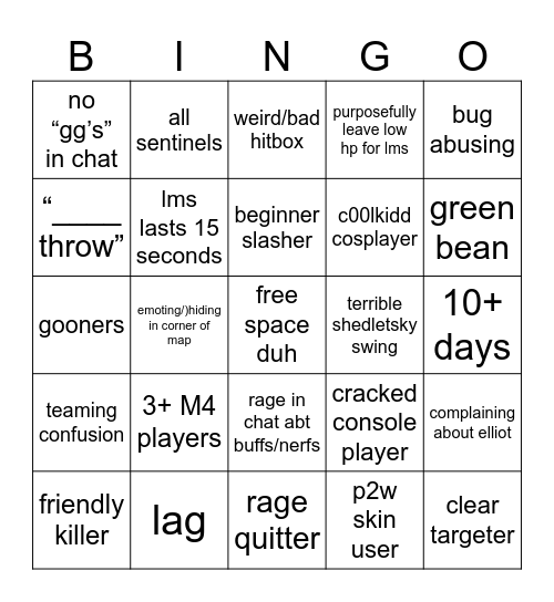forsaken bingo Card