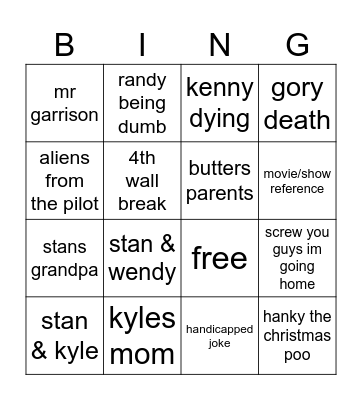 South Park Bingo Card