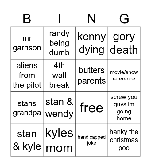South Park Bingo Card