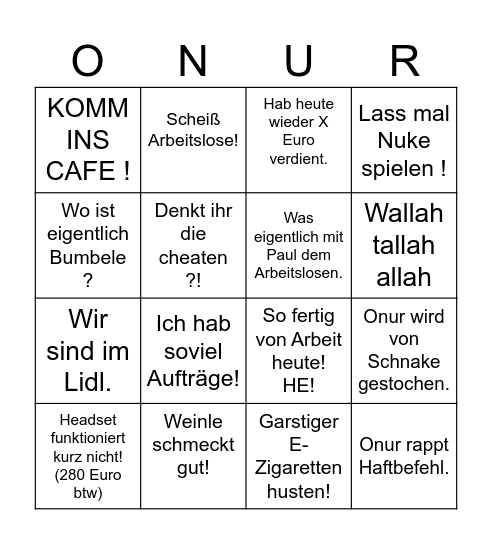 Onur Bingo Card