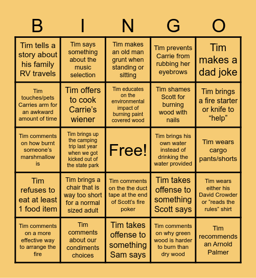 Tim Smith’s Fireside Etiquette Bingo Card