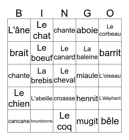 Le cri des animaux 1 Bingo Card