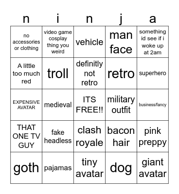 ROBLOX AVATARS BINGO Card