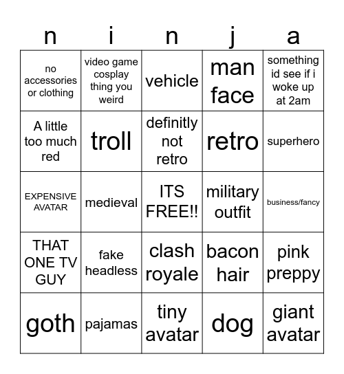 ROBLOX AVATARS BINGO Card
