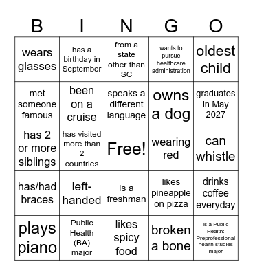Public Health Club Bingo Card