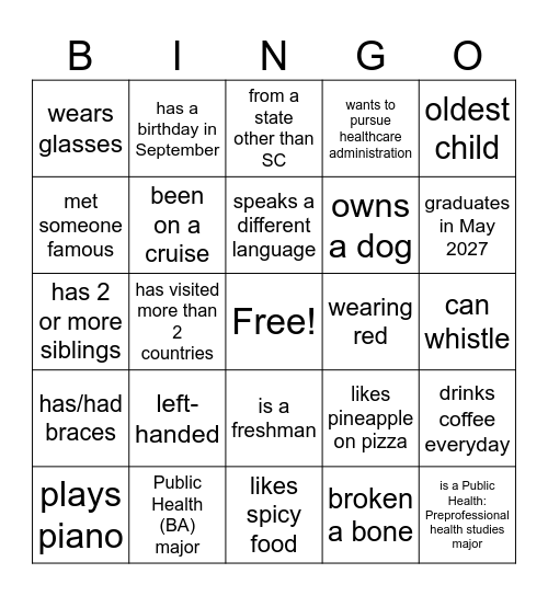Public Health Club Bingo Card