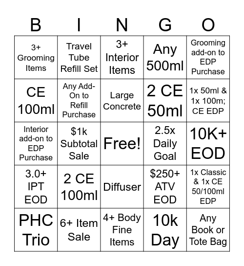 September Incentive Bingo Card