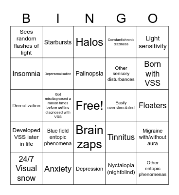 visual snow syndrome bingo Card