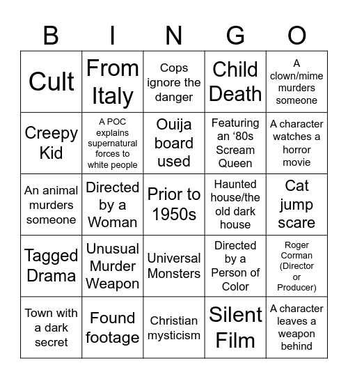 THS Horror Bingo Card