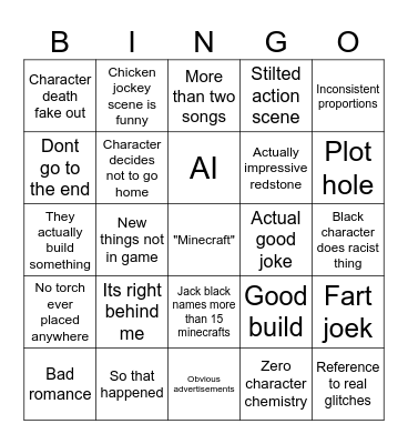 Minecraft movie Bingo Card
