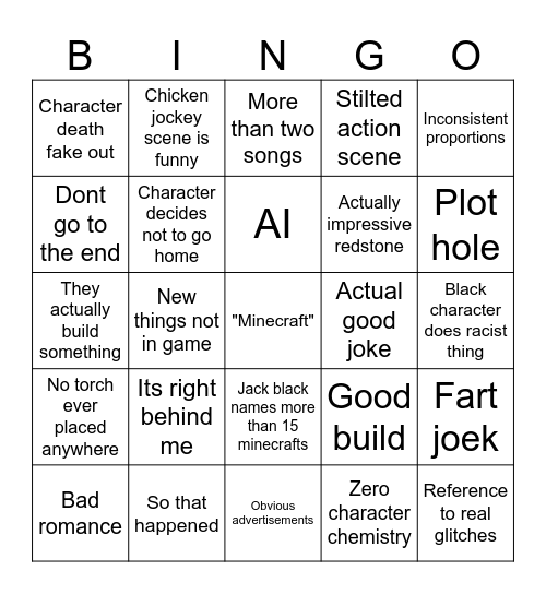 Minecraft movie Bingo Card