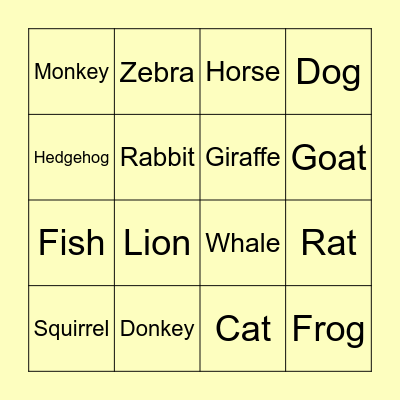 Animal Bingo Card