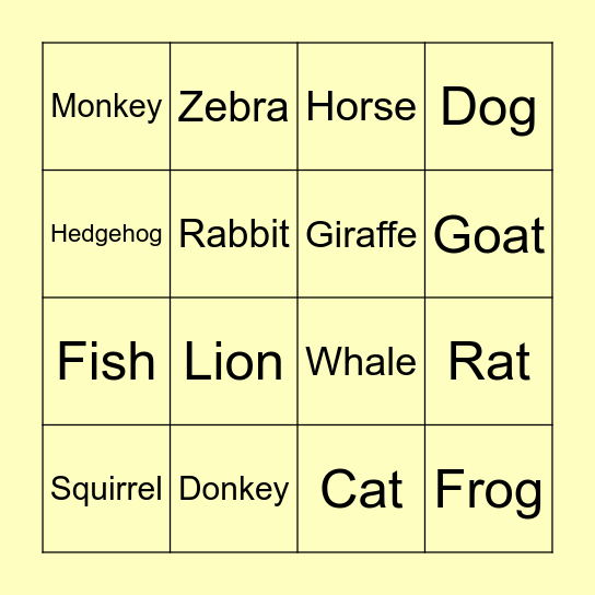 Animal Bingo Card