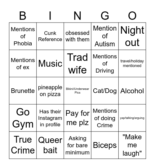 Straight Women Bingo Card