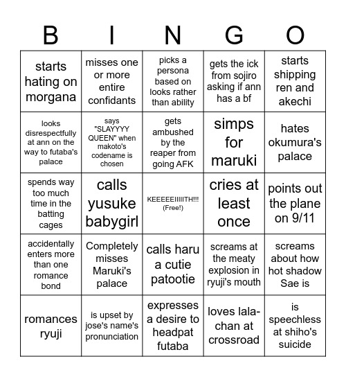 P5R predictions for Arson's Playthrough Bingo Card