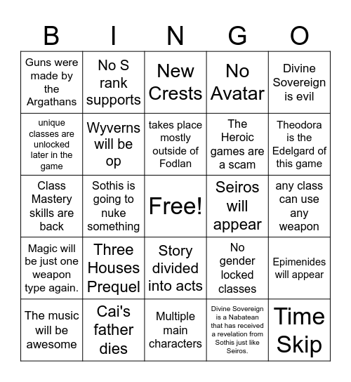 Fire Emblem Fortune's Weave Predictions Bingo Card