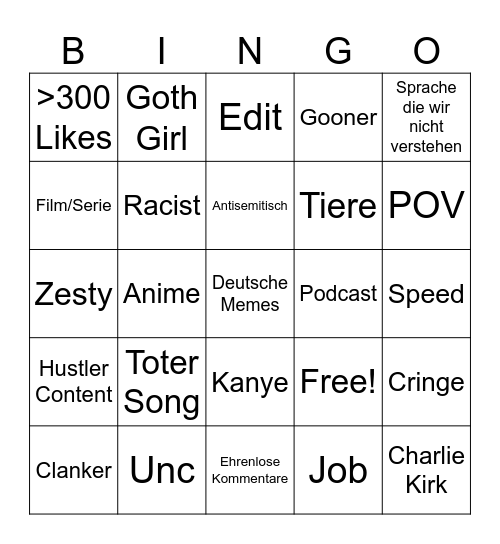 Insta Reels Bingo Card