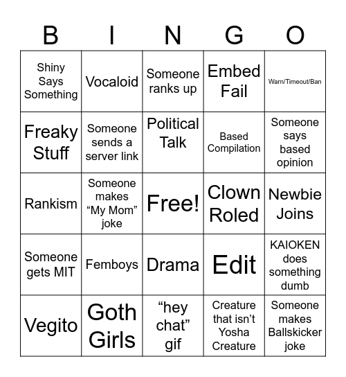 Yoshaverse Bingo Card