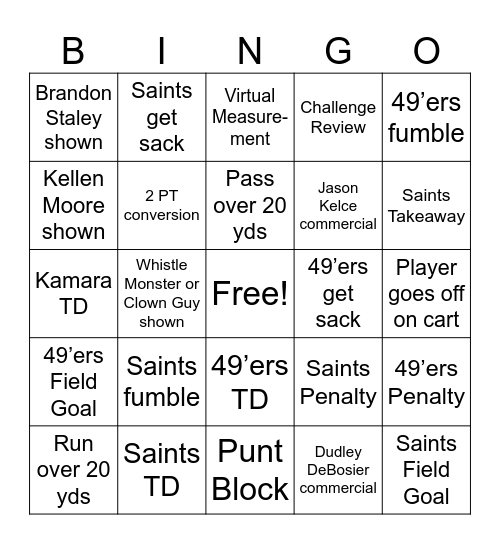 Saints Bingo Card