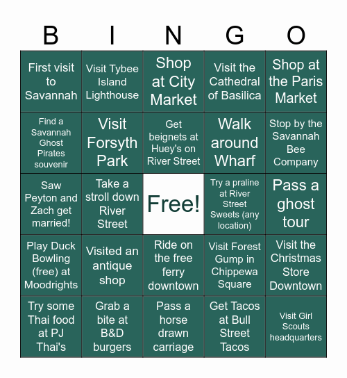 Peyton & Zach's Savannah, GA Wedding Bingo Card