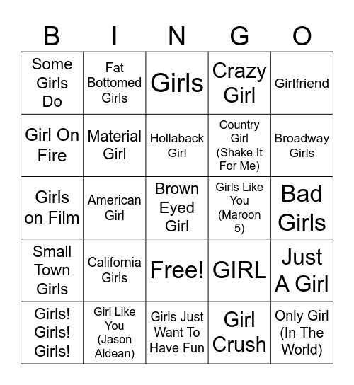 Girl Crush Bingo Card