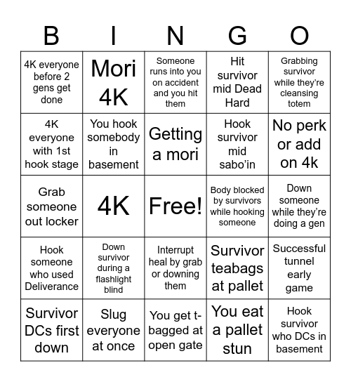 Dead by Daylight Killer Bingo Card