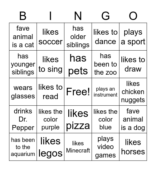 Getting to know your classmates! Bingo Card