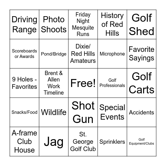 Dixie Red Hills Memory Bingo Card
