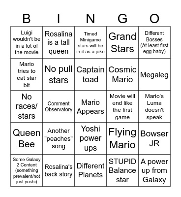 Mario Galaxy Bingo Card