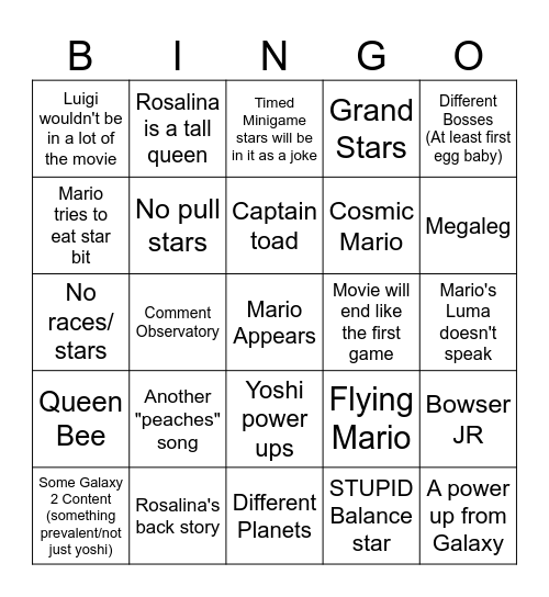 Mario Galaxy Bingo Card