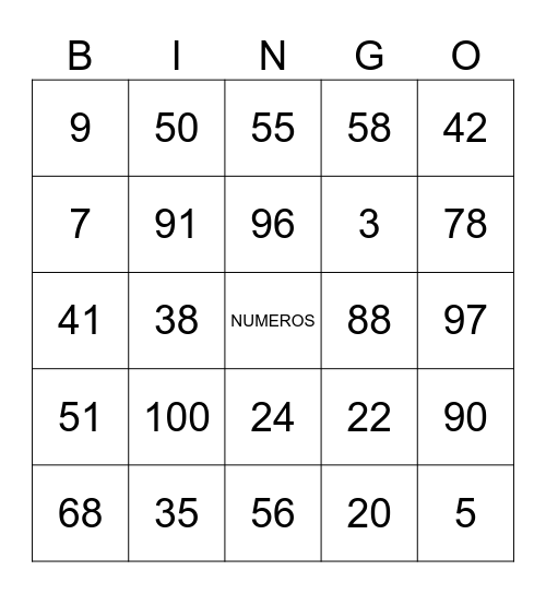 Los Números 1-100 Bingo Card