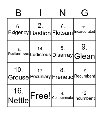 Vocabulary Bing Bingo Card