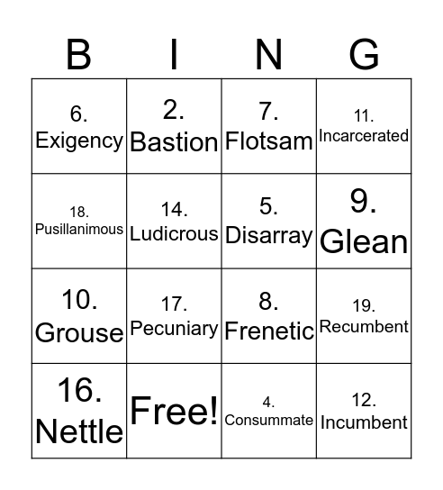 Vocabulary Bing Bingo Card