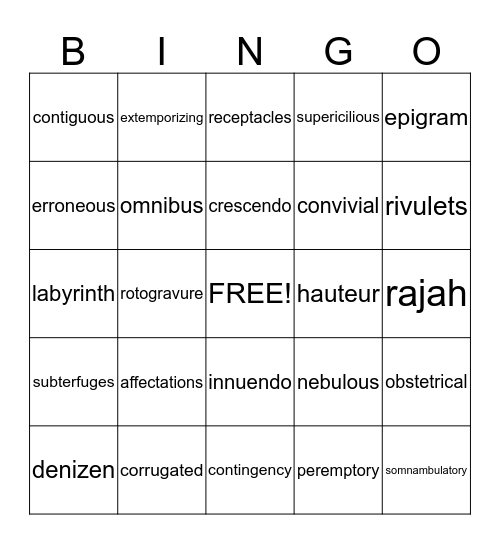 The Great Gatsby Bingo Card