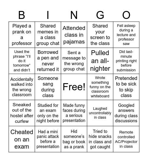 College Attrocities Bingo Card