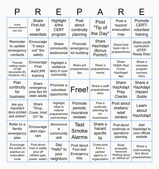 "Let's Make Preparedness Easier" with HazAdapt Bingo Card