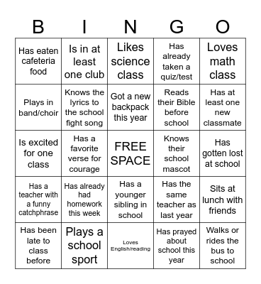 Back-to-School Bingo Card