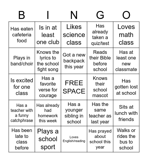 Back-to-School Bingo Card
