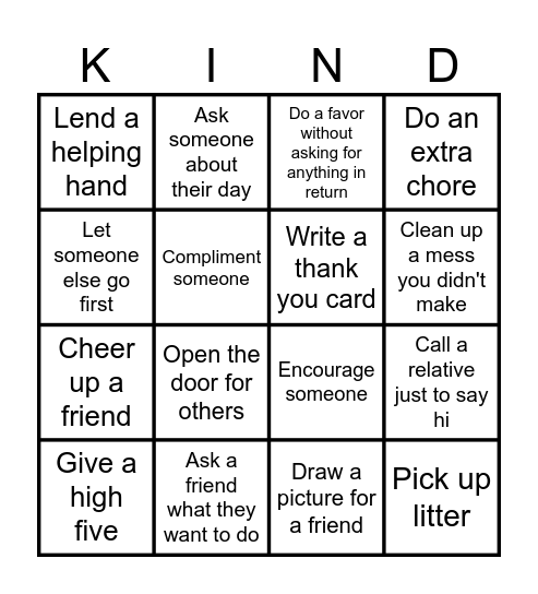 Random Act of Kindness Bingo Card