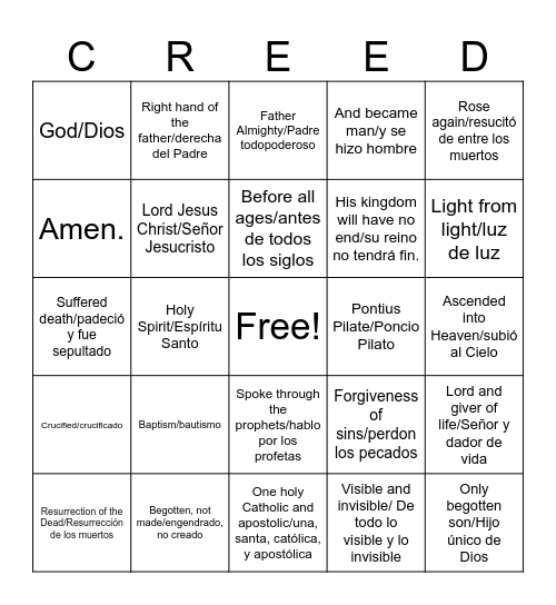 Nicene Creed BINGO Card