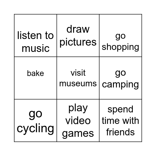 Free Time Activities Bingo Card