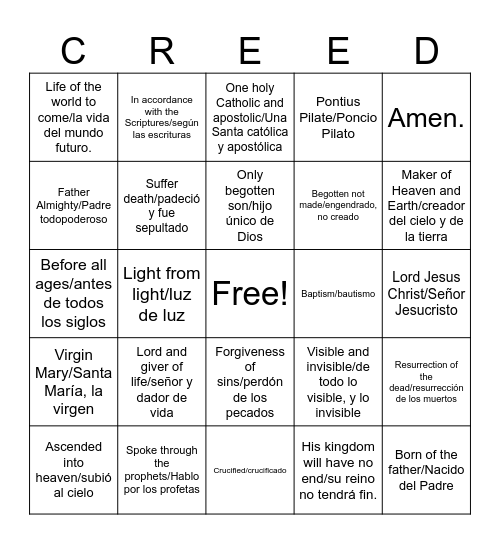 Nicene Creed BINGO Card