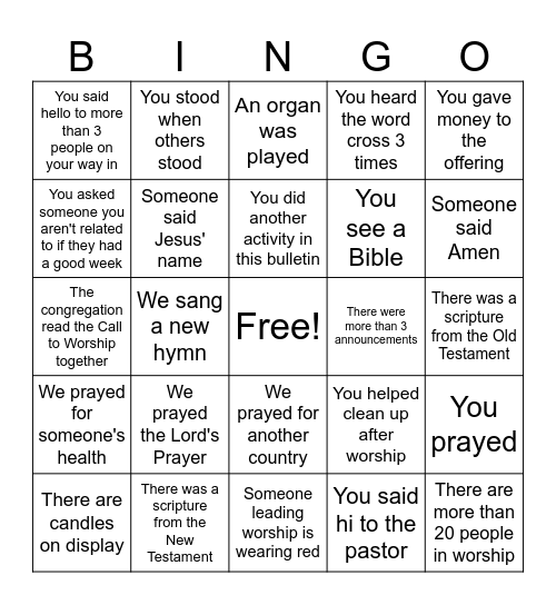 Worship Bingo Card