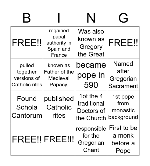 Pope Gregory Bingo Card
