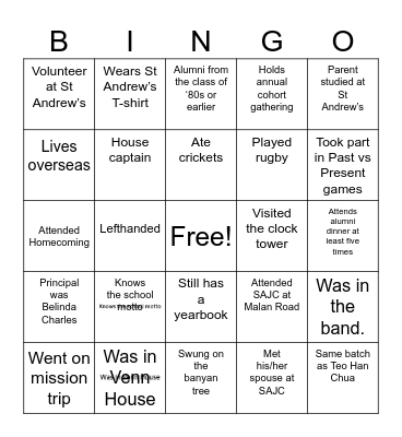 St Andrews Bingo Card
