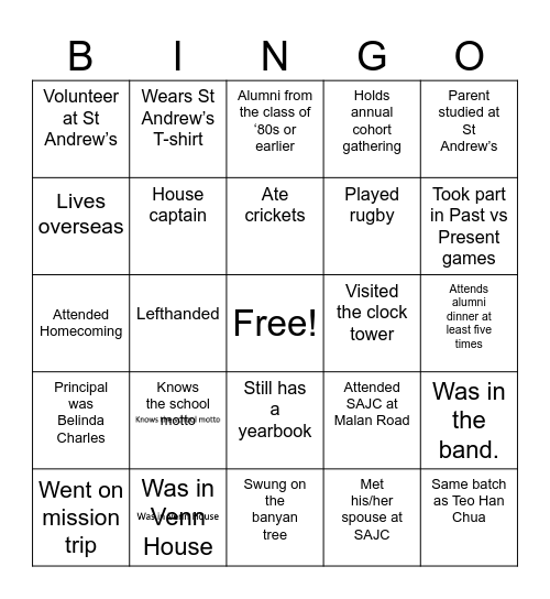 St Andrews Bingo Card