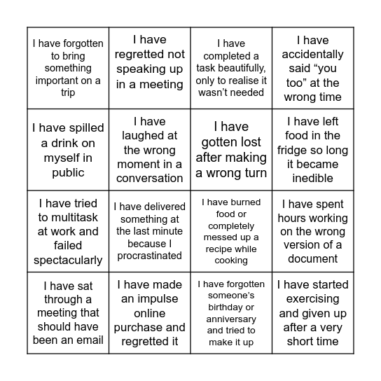 Failure Bingo Card