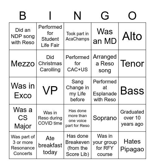 Alumni Party Bingo Card