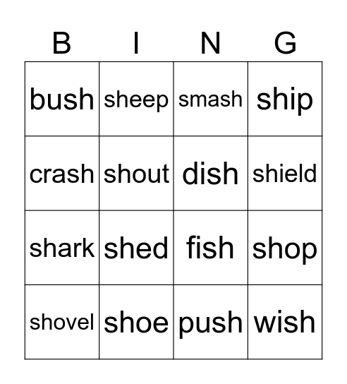Sh words Bingo Card