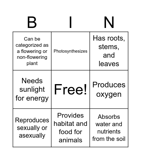 Plants Characteristic Bingo Card